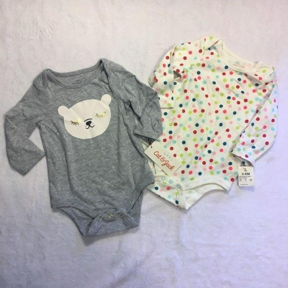 Cat & Jack Bodysuit Baby 3-6M Gray White NWT Bear Polka Dot 2-Pack Long Sleeve‎
